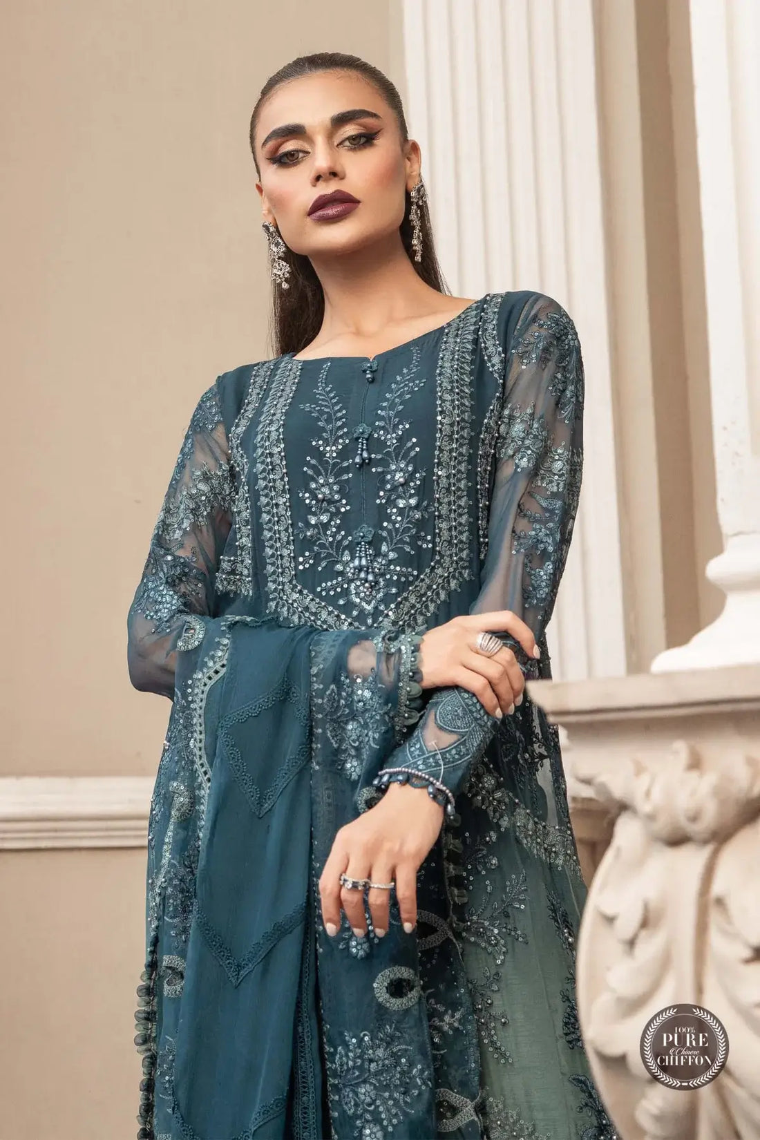 Maria B | Luxury Chiffon Collection | Teal Blue - Saira Saqlain